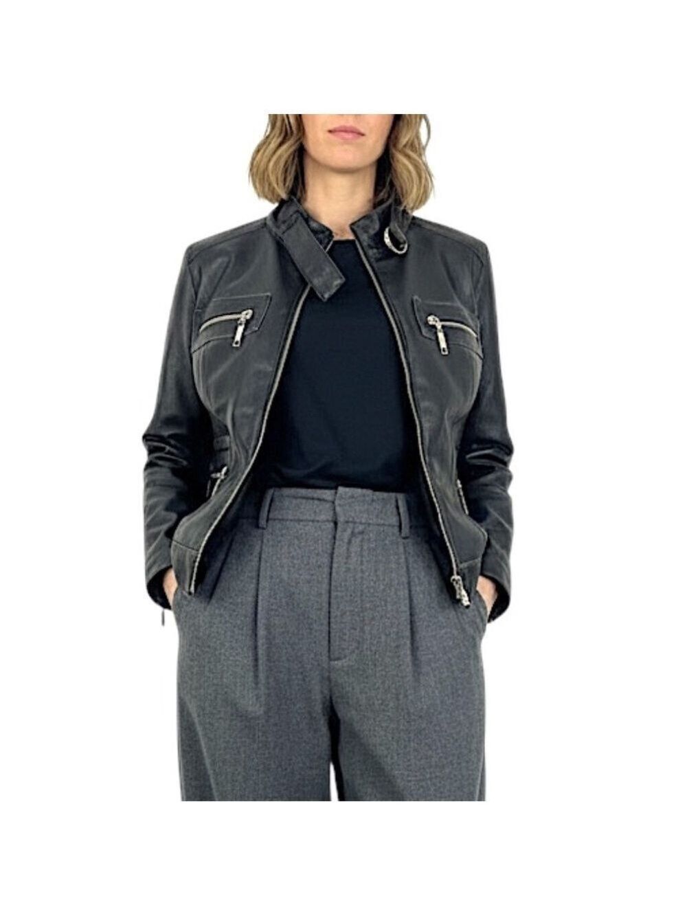 Point Zero black boxy vegan leather distressed motorcycle biker jacket M